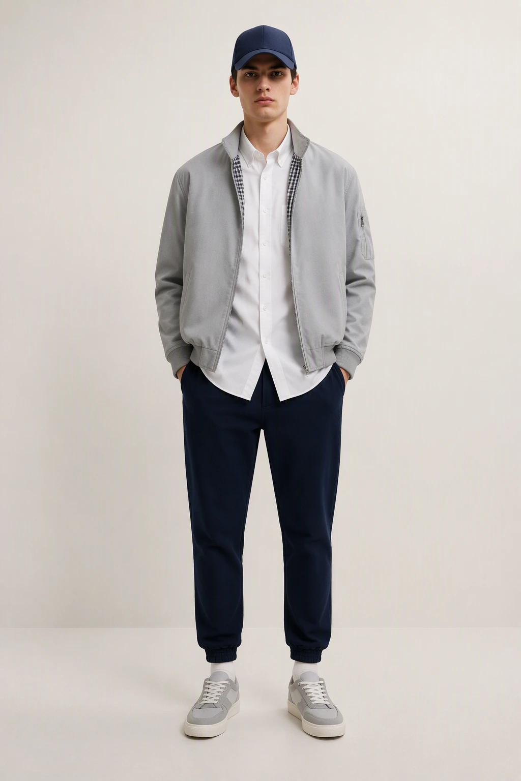 Young man wears navy jogger pants with a light gray bomber jacket, white button-down shirt, and navy baseball cap.